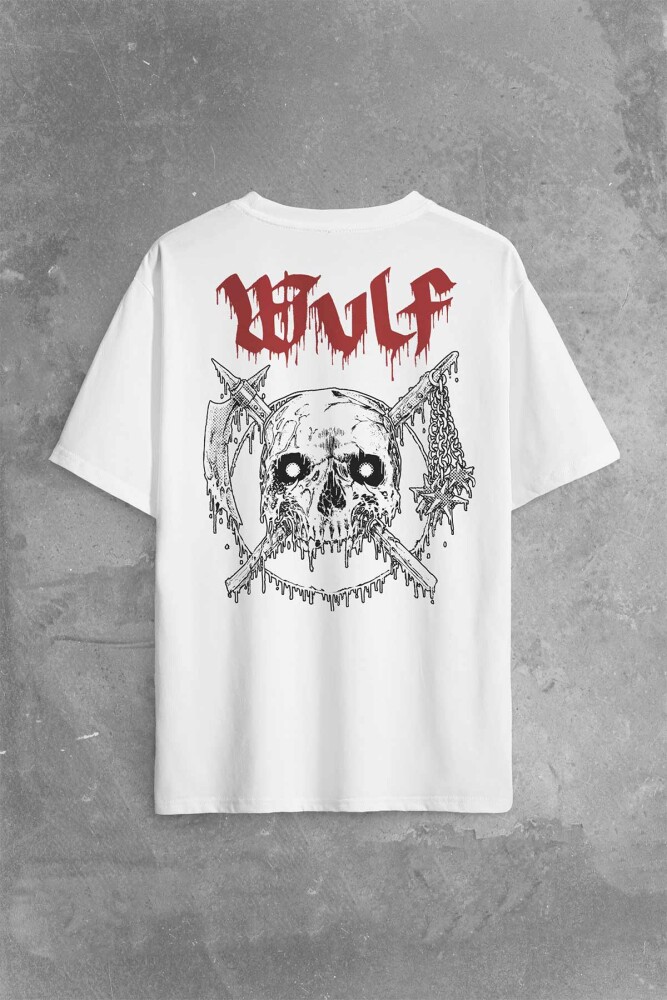 Wulf Metal Rock Band Skull Kuru Kafa Urban Gothic Sırt Ön Baskılı Oversize Tişört Unisex T-Shirt - 1