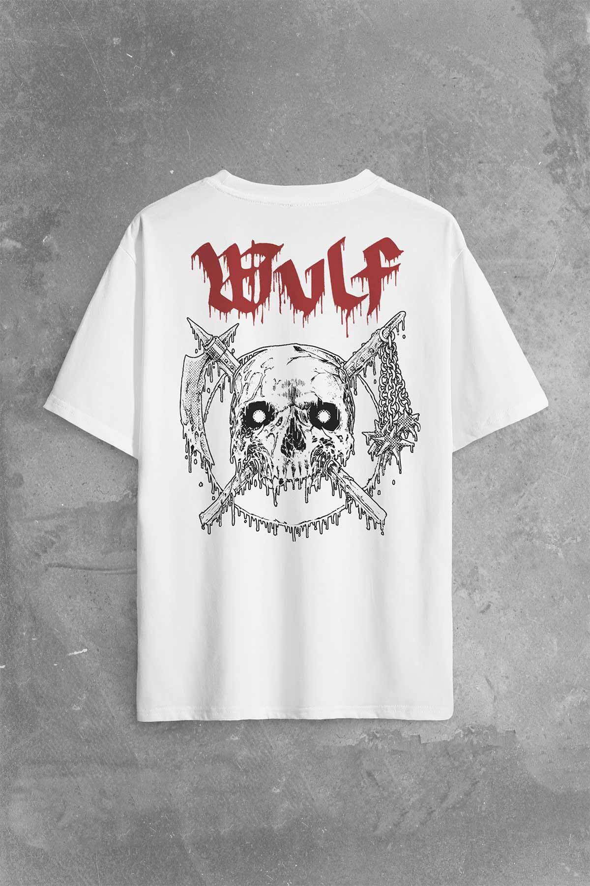 Wulf Metal Rock Band Skull Kuru Kafa Urban Gothic Sırt Ön Baskılı Oversize Tişört Unisex T-Shirt - 1