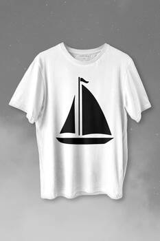 Yelkenli Gemi Silüeti Baskılı Tişört Unisex T-shirt - 1