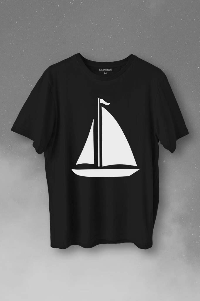Yelkenli Gemi Silüeti Baskılı Tişört Unisex T-Shirt - 1