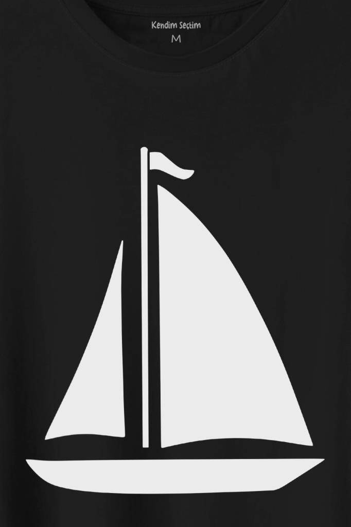 Yelkenli Gemi Silüeti Baskılı Tişört Unisex T-Shirt (1)