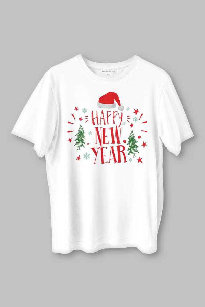 Yeni Yıl Happy New Year 2026 Hediye Noel Yılbaşı Baskılı Beyaz Tişört Unisex T-shirt