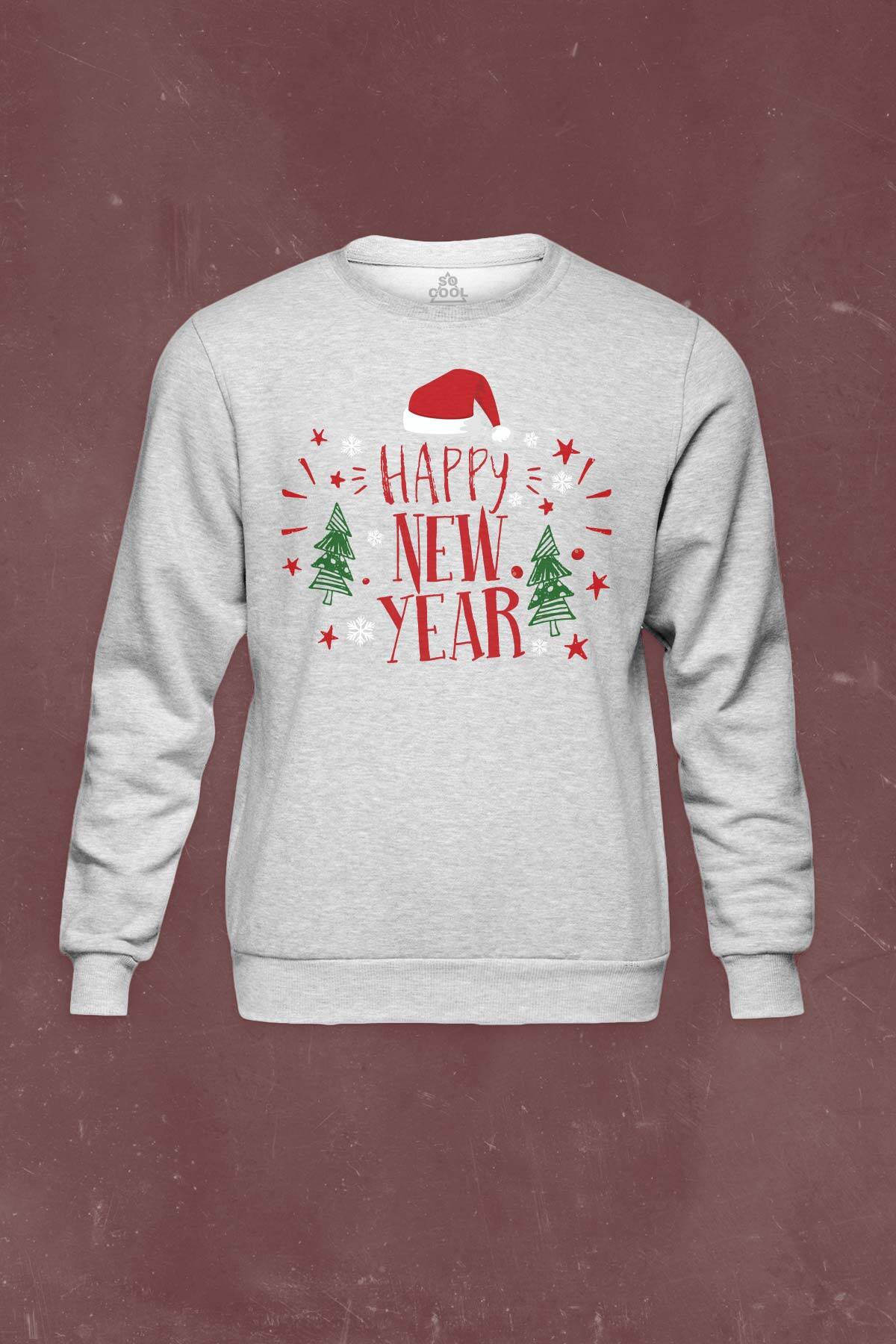 Yeni Yıl Happy New Year 2026 Hediye Noel Yılbaşı Baskılı Sweat Unisex Gri Sweatshirt