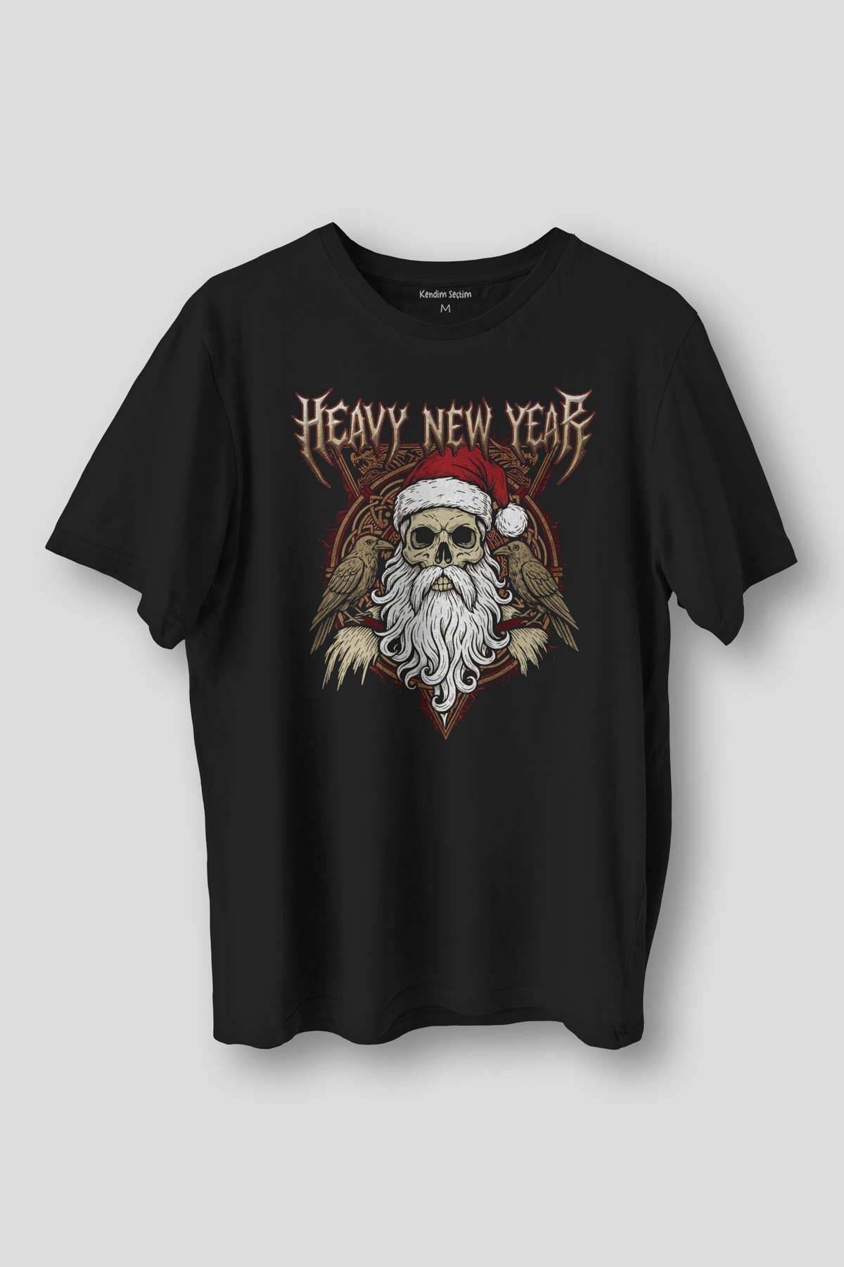 Yılbaşı Baskılı T-shirt Heavy New Year Yeni Yıl Noel Merry Christmas Metal Music Siyah Tişört - 1