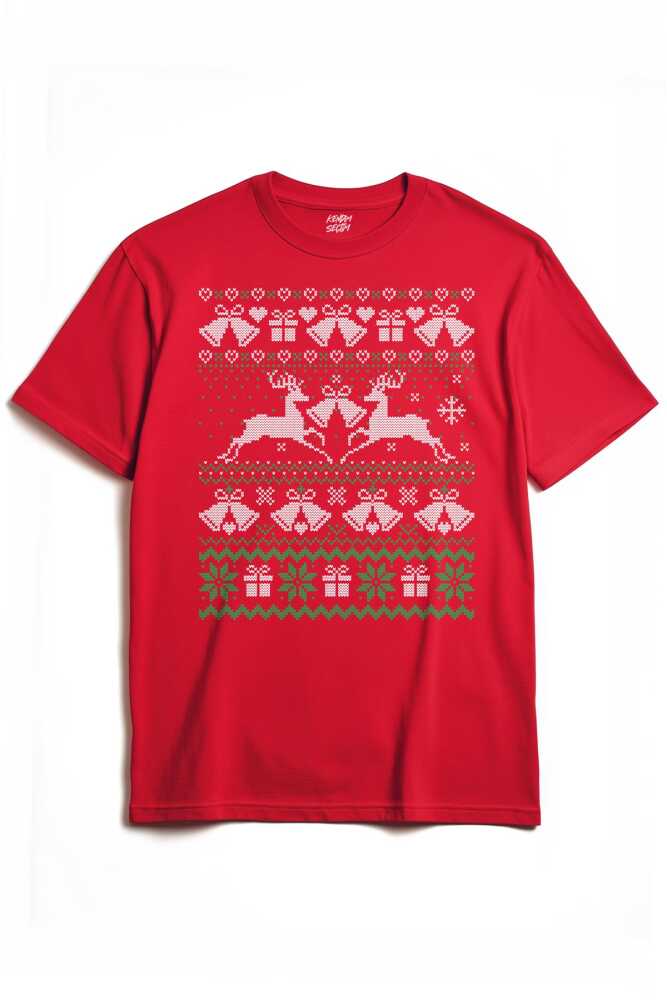 Yılbaşı Geyik 2026 Hediye Christmas Happy New Year Yeni Yıl Ugly Tee Baskılı T-shirt Kırmızı Tişört - 1