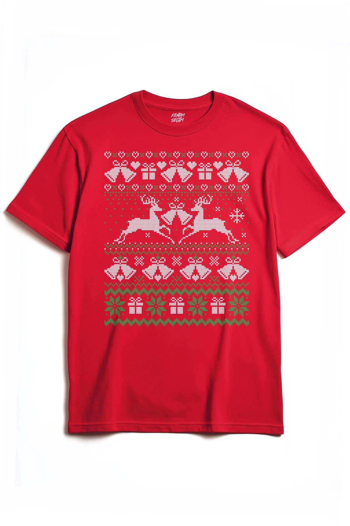 Yılbaşı Geyik 2026 Hediye Christmas Happy New Year Yeni Yıl Ugly Tee Baskılı T-shirt Kırmızı Tişört