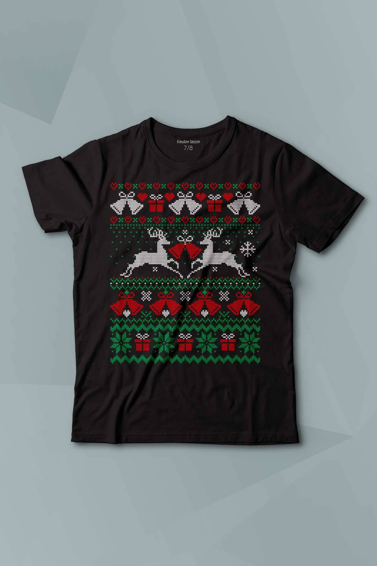 Yılbaşı Hediye Geyik 2024 Christmas Happy New Year Baskılı Siyah T-shirt Çocuk Tişört - 1
