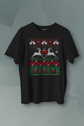 Yılbaşı Hediye Geyik 2024 Christmas Happy New Year Baskılı Siyah T-shirt Unisex Tişört - Thumbnail