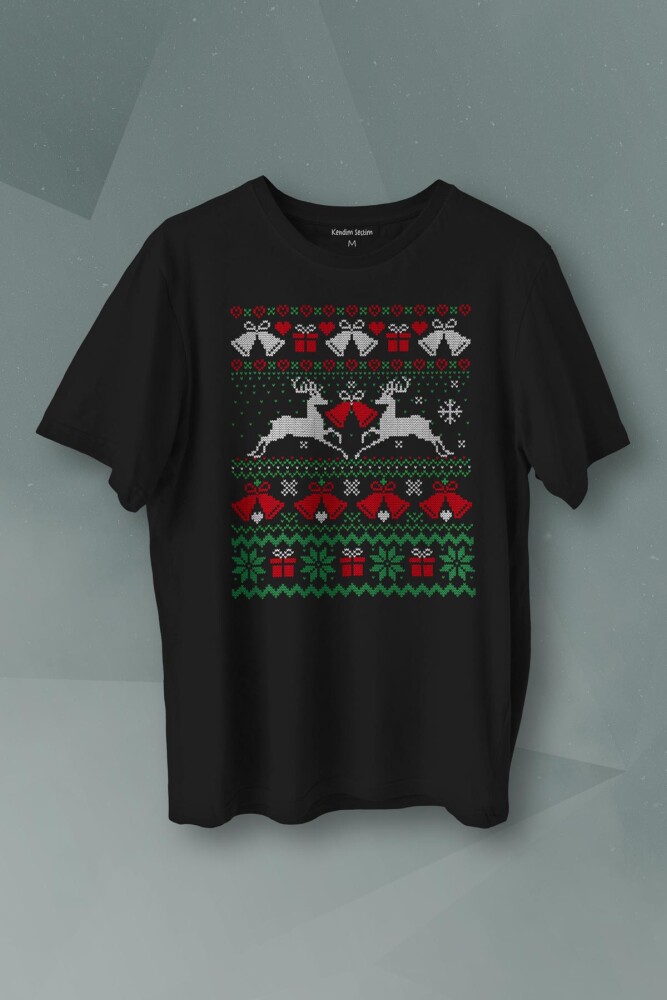 Yılbaşı Hediye Geyik 2024 Christmas Happy New Year Baskılı Siyah T-shirt Unisex Tişört - 1