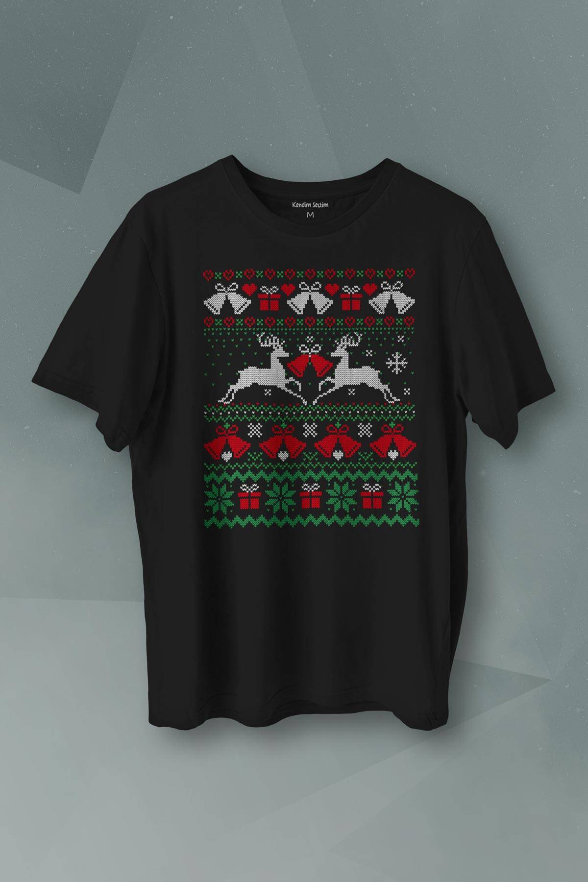 Yılbaşı Hediye Geyik 2024 Christmas Happy New Year Baskılı Siyah T-shirt Unisex Tişört - 1