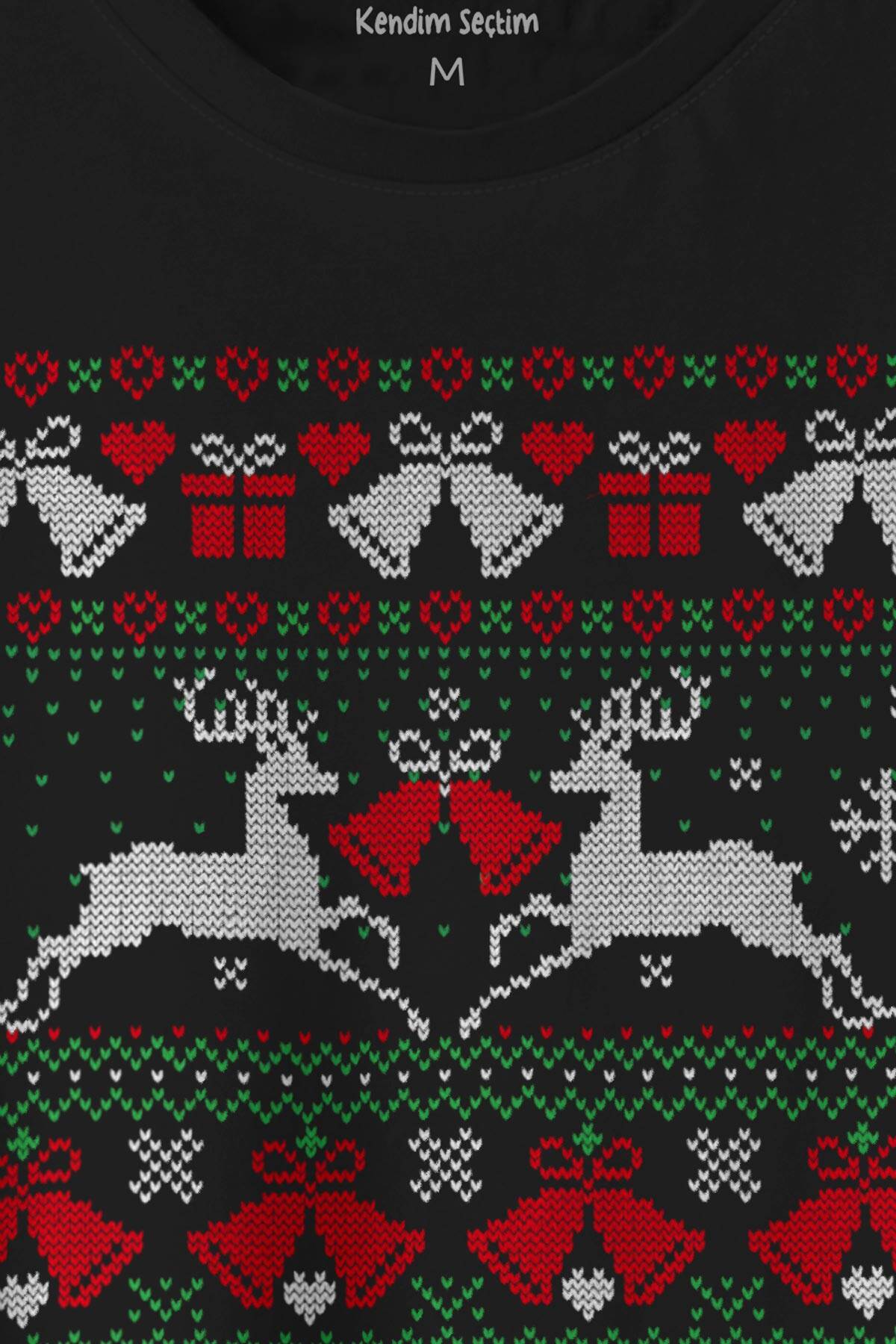 Yılbaşı Hediye Geyik 2024 Christmas Happy New Year Baskılı Siyah T-shirt Unisex Tişört - 2