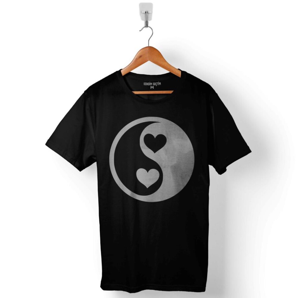 Yin Ying Yang Logo Tamamlanan Kalp İyilik Kötülük Baskılı Tişört Unisex T-Shirt - 1