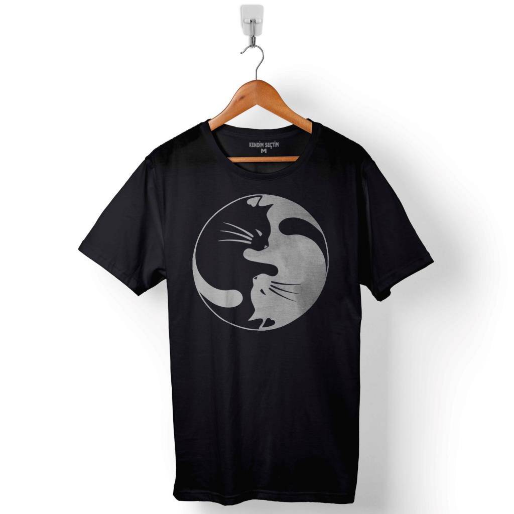 Ying Yang Black Hipster Cat Kara Kedi Baskılı Tişört Unisex T-Shirt - 1