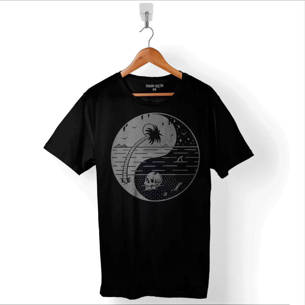 Ying Yang Doğa Günü Çevre Kirliliği Ölüm Skull Baskılı Tişört Unisex T-Shirt - 1