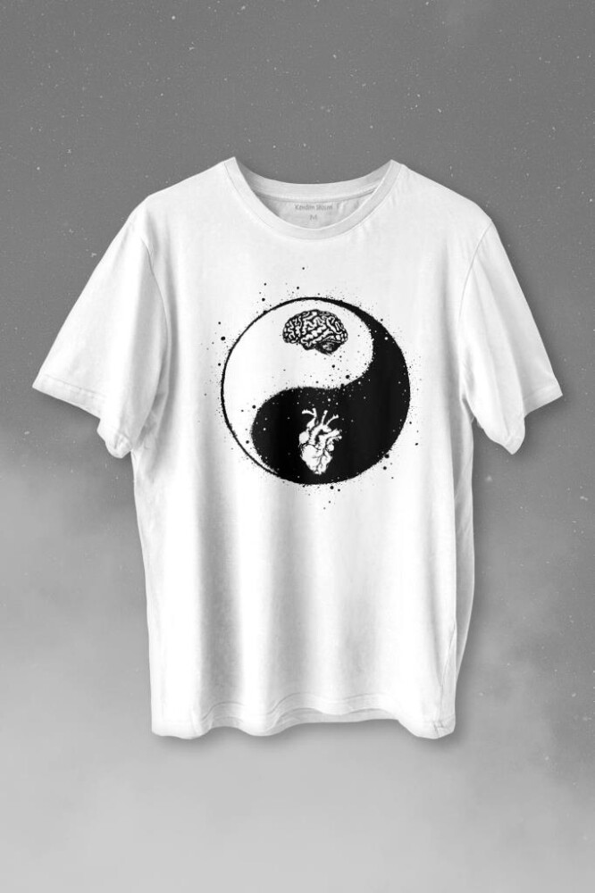 Ying Yang Kalp Beyin Yingyang Aşk Mantık Baskılı Tişört Unisex T-shirt - KENDİM SEÇTİM