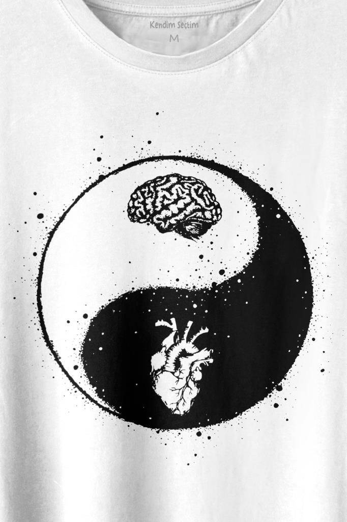 Ying Yang Kalp Beyin Yingyang Aşk Mantık Baskılı Tişört Unisex T-shirt - 2