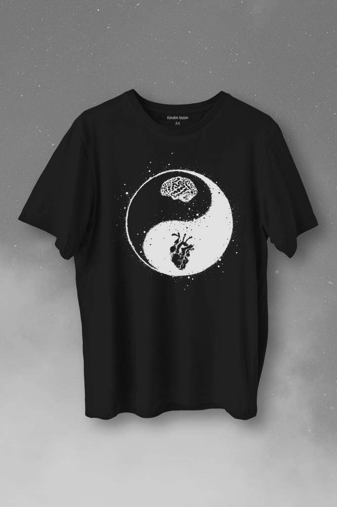 Ying Yang Kalp Beyin Yingyang Aşk Mantık Baskılı Tişört Unisex T-Shirt - 1