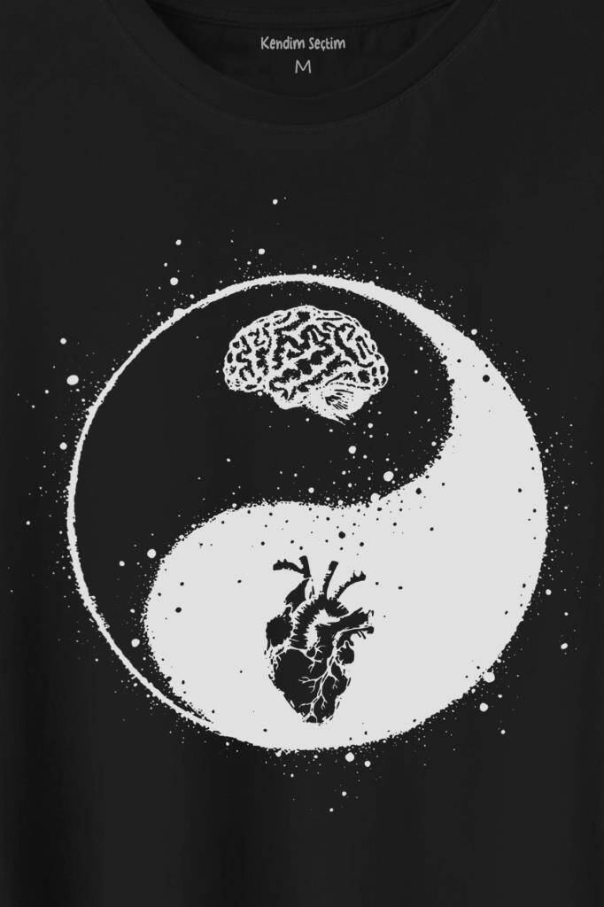 Ying Yang Kalp Beyin Yingyang Aşk Mantık Baskılı Tişört Unisex T-Shirt - 2