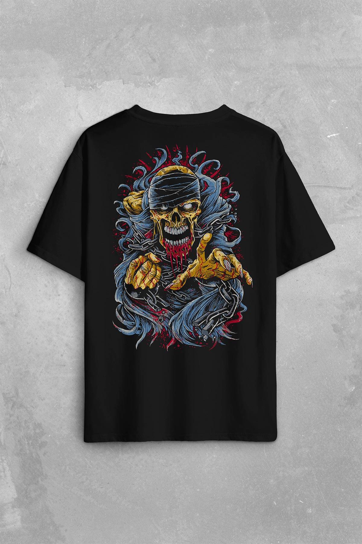 Zombie Halloween Skull Darkness Vampir Sırt Ön Baskılı Oversize Tişört Unisex T-Shirt - 1